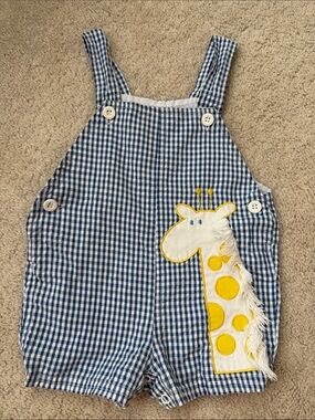 Blue Gingham Kids Short Overalls with Yellow Giraffe Applique